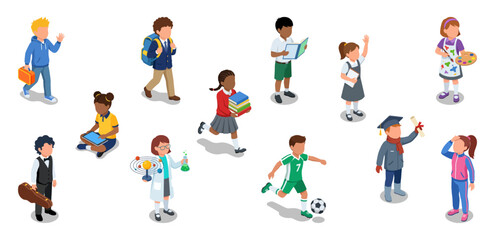 Fototapeta premium School children and diverse students learning studying and playing sports | Isometric people character vector illustrations set