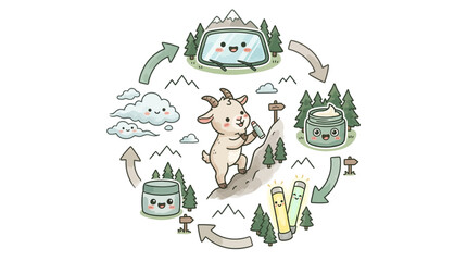 Naklejka premium Cute Goat Climbs Mountain in Natural Skincare Cycle
