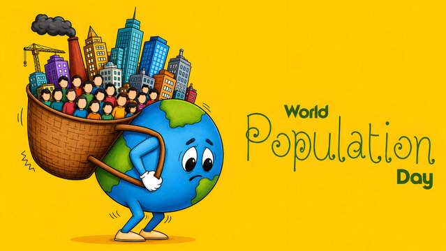 World population day illustration with overburdened earth