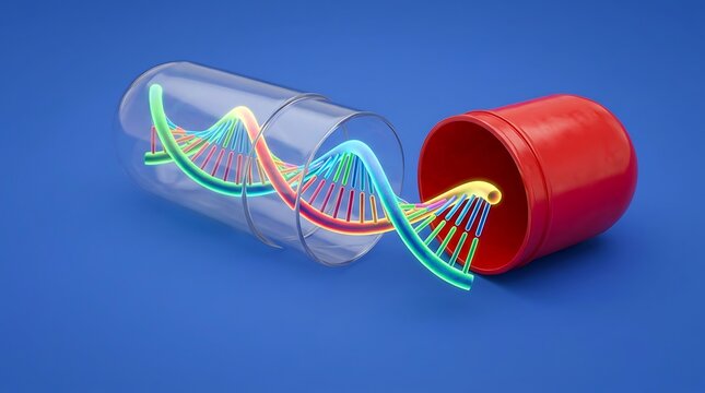 Colorful dna strand coming out of an open medical pill capsule on a blue background