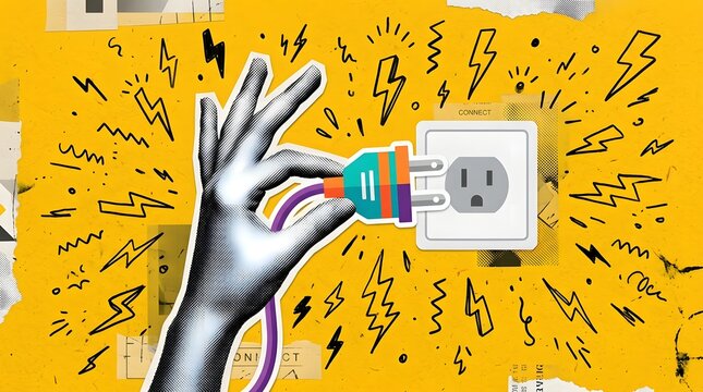 A hand plugging an electrical cord into a wall socket, surrounded by bright yellow background and stylized lightning bolts.