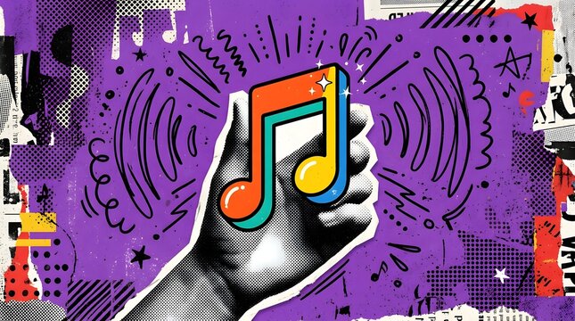 A hand holding a colorful musical note against a vibrant, abstract background with sound wave patterns and various graphic elements
