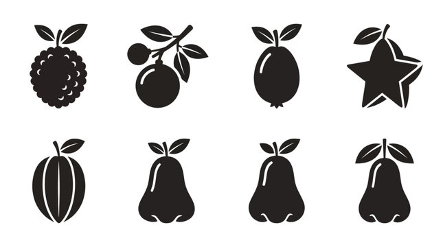 Flat vector icon set featuring six Asian fruits: Lychee, Longan, Loquat, Starfruit, Rose apple, Java apple