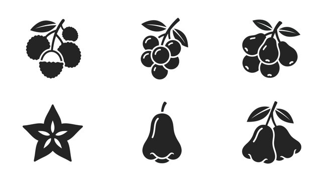 Flat vector icon set featuring six Asian fruits: Lychee, Longan, Loquat, Starfruit, Rose apple, Java apple