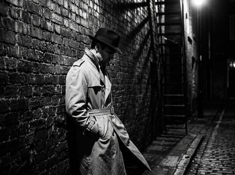 Black and white film noir portrait of mysterious man in trench coat standing in dark alley