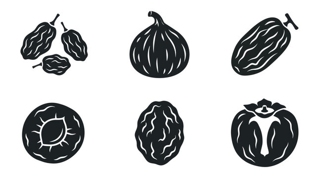 Flat vector icon set featuring six dried fruits: Raisins, Dried fig, Date fruit, Dried apricot, Prune, Dried persimmon