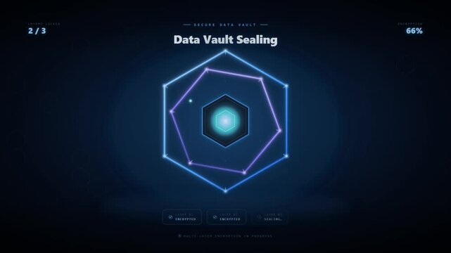 Multi-layer secure data vault encryption interface with hexagon lock