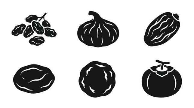 Flat vector icon set featuring six dried fruits: Raisins, Dried fig, Date fruit, Dried apricot, Prune, Dried persimmon