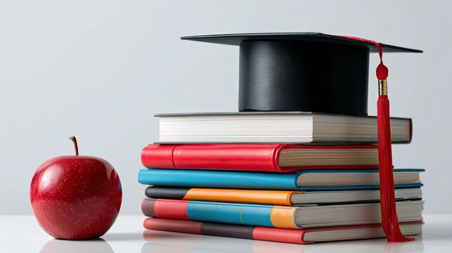 Stacked colorful books with black graduation cap and red apple, minimalist light white table backdrop, education graduation campus knowledge concept graphic
