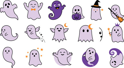 Fototapeta premium Minimalist Halloween ghost icon set featuring cute spooky spirit characters for holiday decorations seasonal branding and festive design