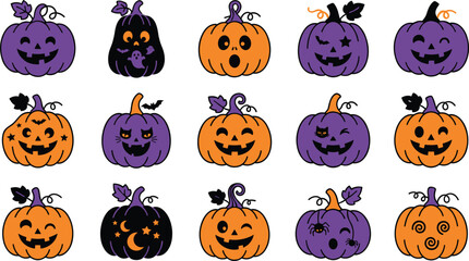 Fototapeta premium Minimalist Halloween pumpkin icon set featuring cute jack o lantern characters for holiday decorations seasonal branding and festive designs