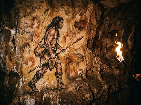 Prehistoric caveman holding spear near cave paintings