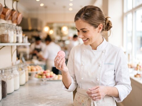 Female pastry chef holding pink macaron smiling