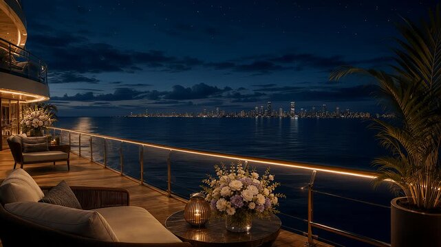 Luxury Cruise Ship Deck with Distant City Skyline at Night