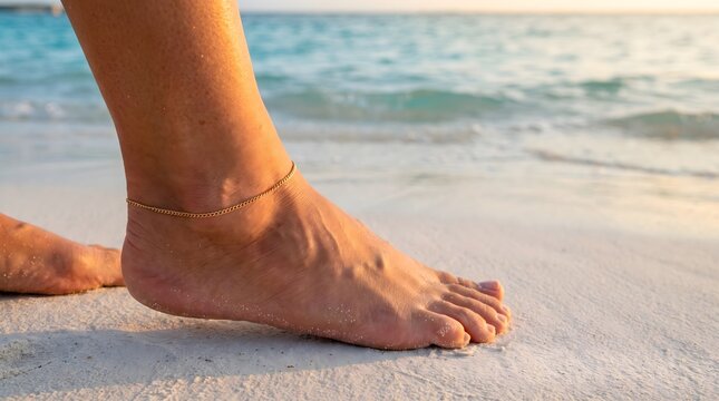 Close up of woman bare foot with anklet walking on sandy beach travel and wellness concept

