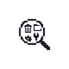 Fototapeta premium A pixel art magnifying glass icon featuring various digital maintenance symbols inside