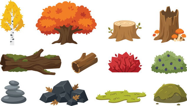 Autumn Forest Landscape Vector Element Set with Orange Trees, Birch, Stumps, Logs, Mossy Rocks, and Red Bushes for Game UI Level Design