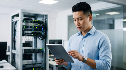 Fototapeta premium Focused IT engineer using digital tablet to monitor server rack hardware in a modern data center