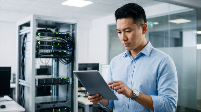 Focused IT engineer using digital tablet to monitor server rack hardware in a modern data center