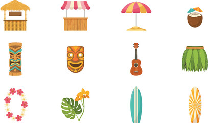 Tropical Hawaii Summer Party Icon Set with Tiki Masks, Surfboards, Hula Skirt, Ukulele, Coconut Drink, Beach Stalls, and Floral Lei Vector Elements © Ismail