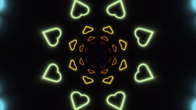 Colorful heart shapes moving in a circular pattern on dark background