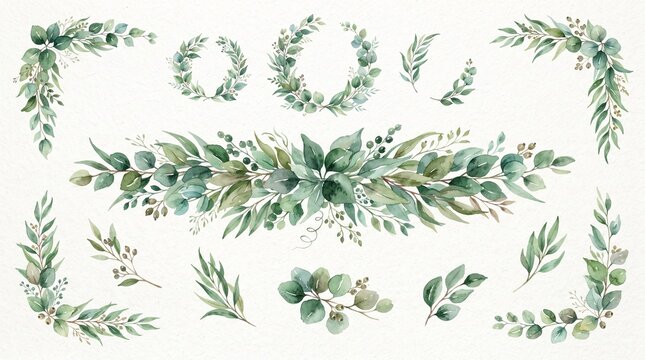 Watercolor banner with green eucalyptus leaves and branches. Greenery clipart for wedding invitation, greeting cards, save the date, stationery design. Hand drawn illustration.