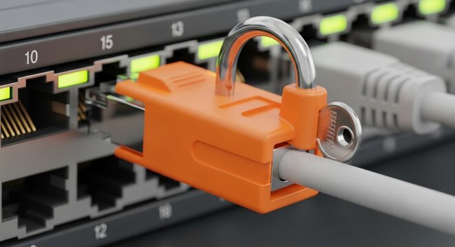 Network security padlock on server cable close-up