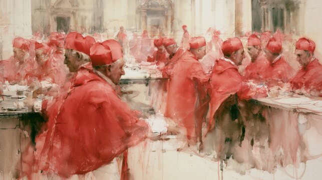 soft abstract watercolor painting of a papal conclave with many cardinals in red robes