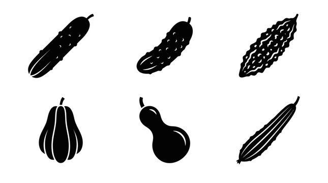 Flat vector icon set featuring six cucurbit vegetables: Cucumber, Pickling cucumber, Bitter melon, Chayote, Bottle gourd, Ridge gourd
