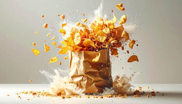 Exploding bag of potato chips in mid-air