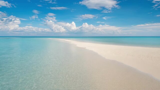 Pristine white sand beach with clear turquoise water under a blue sky