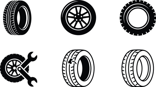 Automotive tire icons repair service change wheel road safety.