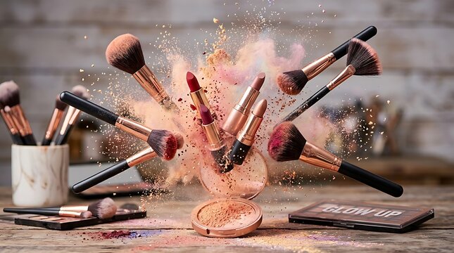 Makeup brushes and lipstick with flying cosmetic powder explosion on a wooden table in studio style