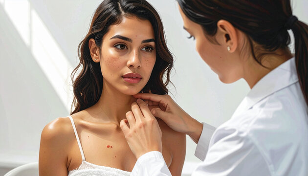 Woman consulting doctor about skin moles and lesions on neck