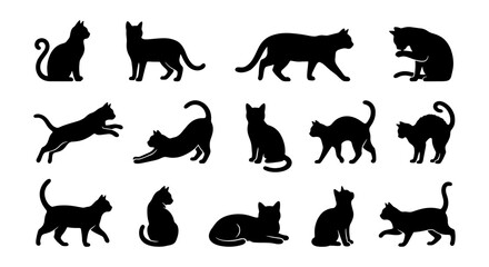 Obraz premium Vector Silhouettes of Domestic Cats in Various Poses, Black Feline Icons for Pet Design and Animal Graphics