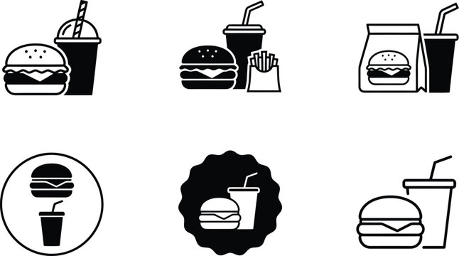 Fast food combo meal burger soda and fries icon set elements.