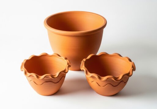 Three terracotta flower pots isolated on white background