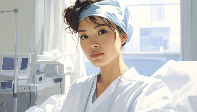 Young nurse in hospital room with medical equipment