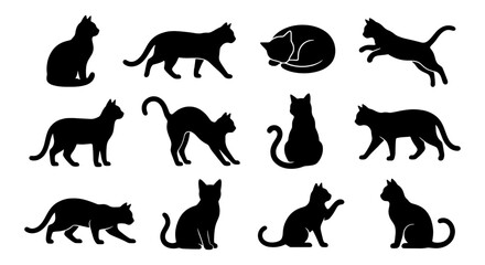 Obraz premium Diverse Cat Silhouettes Collection, Black Feline Poses Vector Art, Domestic Animal Icons for Pet Lovers and Veterinary Graphics