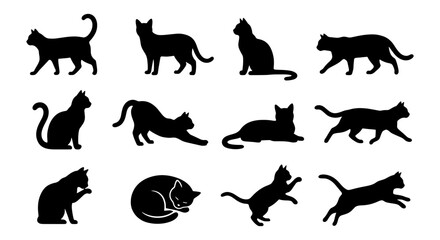 Obraz premium Diverse Cat Silhouettes Collection, Feline Poses Vector Pack, Black Animal Icons for Graphic Design, Pet Themed Art Elements