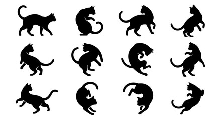 Obraz premium Dynamic Cat Silhouettes Collection, 12 Black Feline Poses Vector Set, Graceful Animal Movements for Design