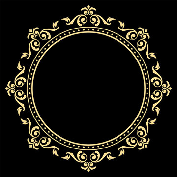 Luxury Golden Circular Frame with Vintage Baroque Ornament on Black Background