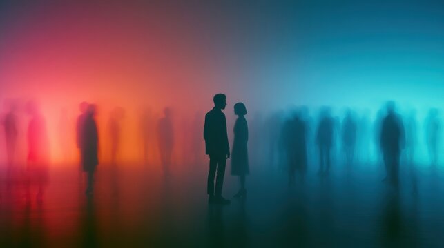surreal long exposure photo of people standing in a hazy colorful party atmosphere