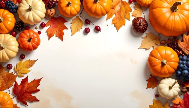 Autumn harvest border with pumpkins, gourds, berries, and fall leaves, Thanksgiving and seasonal decoration