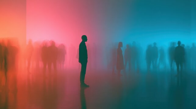silhouette of a lone man standing between two blurred crowds bathed in red and blue light