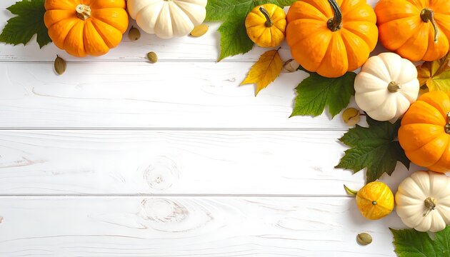 Autumn harvest corner arrangement of orange pumpkins, white pumpkins, gourds, green leaves, and yellow autumn leaves on rustic white wooden planks, fall season border