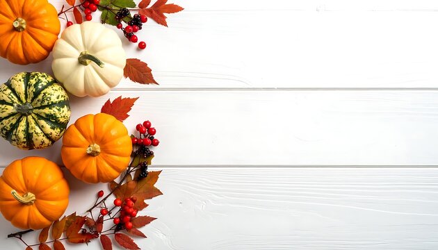 Autumn harvest corner arrangement with pumpkins, gourds, red berries and fall leaves on a rustic white wood background, thanksgiving or fall holiday celebration concept