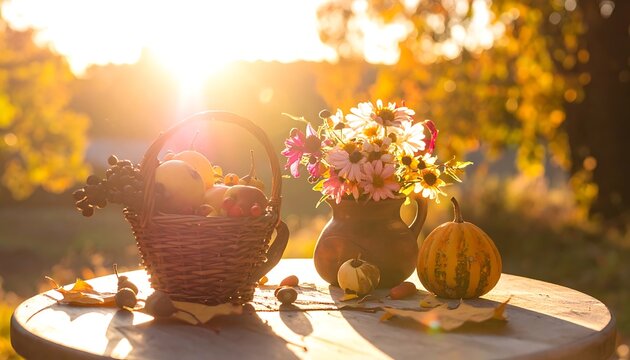 Autumn harvest bounty with fruits in a basket and flowers in a jug on a table, golden hour sunlight