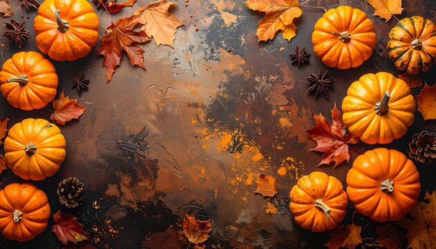 Autumn harvest decoration frame with pumpkins, colorful maple leaves, and pine cones on a dark textured background, festive fall season border