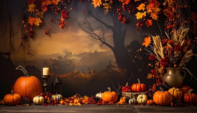 Autumn harvest display with pumpkins, gourds, berries, and dried flowers, warm evening light, seasonal decoration, Thanksgiving theme
